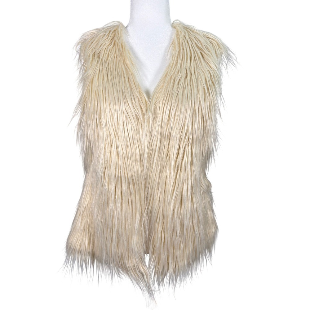 Wet Seal Womens Ivory Shaggy Faux Fur Vest Cream Sleeveless Hook Eye Closure M